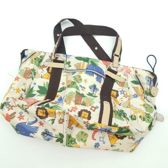 LeSportSac Small Duffle Bag Wild Animal Print Lion Giraffe Elephant Cream - Picture 2 of 12